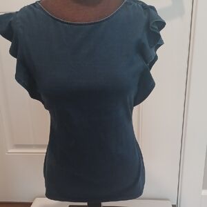 White House Black Market Navy Blue Ruffle Sleeve Top Sixe XS